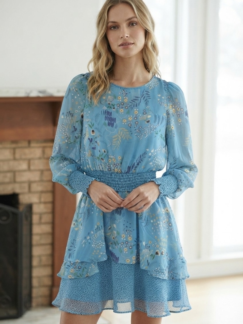 Bailey 44 Light Blue Floral Long Sleeve Smocked-Waist Dress